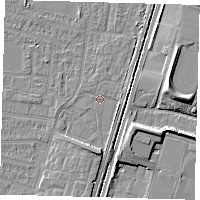 Shaded relief map of the ground around N90BJ, computed from Environment Agency LiDAR. The ground here sits at about 12 m above sea level and falls 10 m across the surrounding 800 m. Surface water reaching this point runs off ground lying to the south, 6.5 m higher.