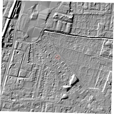 Shaded relief map of the ground around N90BX, computed from Environment Agency LiDAR. The ground here sits at about 12 m above sea level and falls 10 m across the surrounding 800 m. Surface water reaching this point runs off ground lying to the north-north-west, 3.0 m higher.