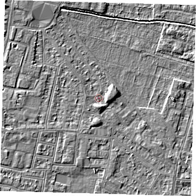 Shaded relief map of the ground around N90BY, computed from Environment Agency LiDAR. The ground here sits at about 12 m above sea level and falls 5 m across the surrounding 800 m. Surface water reaching this point runs off ground lying to the east, 2.8 m higher.