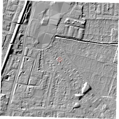 Shaded relief map of the ground around N90DA, computed from Environment Agency LiDAR. The ground here sits at about 12 m above sea level and falls 10 m across the surrounding 800 m. Surface water reaching this point runs off ground lying to the north, 2.7 m higher.