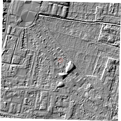 Shaded relief map of the ground around N90DB, computed from Environment Agency LiDAR. The ground here sits at about 12 m above sea level and falls 9 m across the surrounding 800 m. Surface water reaching this point runs off ground lying to the north-west, 1.2 m higher.
