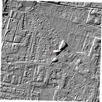 Shaded relief map of the ground around N90DD, computed from Environment Agency LiDAR. The ground here sits at about 12 m above sea level and falls 7 m across the surrounding 800 m. Surface water reaching this point runs off ground lying to the north-west, 2.2 m higher.