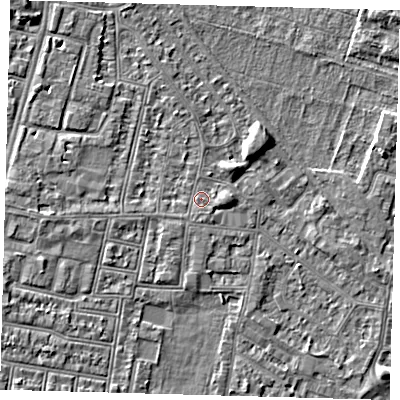 Shaded relief map of the ground around N90DG, computed from Environment Agency LiDAR. The ground here sits at about 12 m above sea level and falls 4 m across the surrounding 800 m. Surface water reaching this point runs off ground lying to the south, 0.6 m higher.