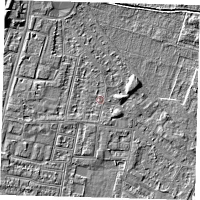 Shaded relief map of the ground around N90DH, computed from Environment Agency LiDAR. The ground here sits at about 12 m above sea level and falls 9 m across the surrounding 800 m. Surface water reaching this point runs off ground lying to the north-west, 6.9 m higher.