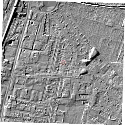 Shaded relief map of the ground around N90DJ, computed from Environment Agency LiDAR. The ground here sits at about 12 m above sea level and falls 9 m across the surrounding 800 m. Surface water reaching this point runs off ground lying to the south-south-west, 1.0 m higher.