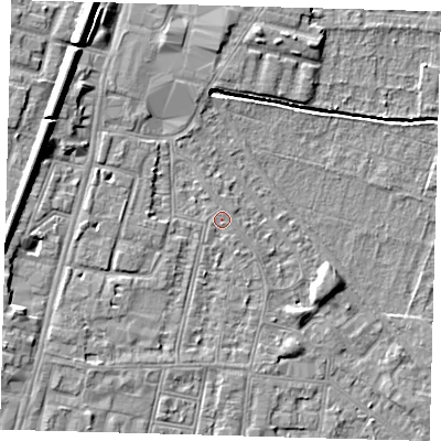 Shaded relief map of the ground around N90DL, computed from Environment Agency LiDAR. The ground here sits at about 12 m above sea level and falls 10 m across the surrounding 800 m. Surface water reaching this point runs off ground lying to the north-north-west, 2.7 m higher.