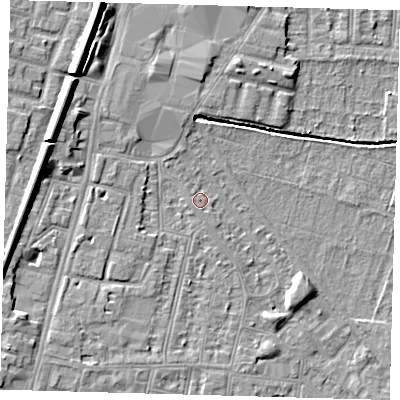 Shaded relief map of the ground around N90DN, computed from Environment Agency LiDAR. The ground here sits at about 12 m above sea level and falls 10 m across the surrounding 800 m. Surface water reaching this point runs off ground lying to the west, 0.8 m higher.