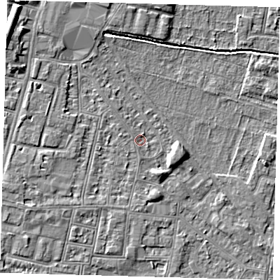 Shaded relief map of the ground around N90DP, computed from Environment Agency LiDAR. The ground here sits at about 12 m above sea level and falls 9 m across the surrounding 800 m. Surface water reaching this point runs off ground lying to the north-west, 1.2 m higher.