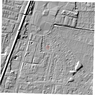 Shaded relief map of the ground around N90DS, computed from Environment Agency LiDAR. The ground here sits at about 12 m above sea level and falls 10 m across the surrounding 800 m. Surface water reaching this point runs off ground lying to the north-north-east, 2.7 m higher.