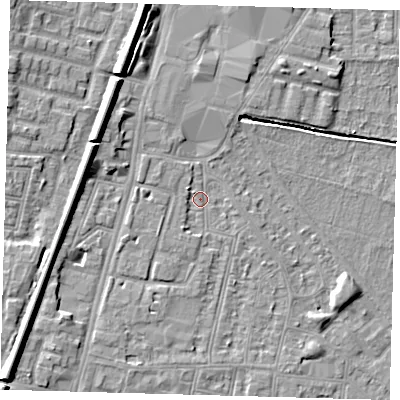 Shaded relief map of the ground around N90DT, computed from Environment Agency LiDAR. The ground here sits at about 12 m above sea level and falls 10 m across the surrounding 800 m. Surface water reaching this point runs off ground lying to the north-north-east, 2.6 m higher.