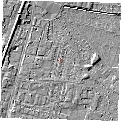 Shaded relief map of the ground around N90DU, computed from Environment Agency LiDAR. The ground here sits at about 12 m above sea level and falls 9 m across the surrounding 800 m. Surface water reaching this point runs off ground lying to the north-west, 7.4 m higher.