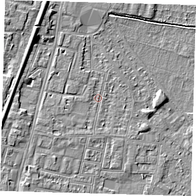 Shaded relief map of the ground around N90DX, computed from Environment Agency LiDAR. The ground here sits at about 12 m above sea level and falls 9 m across the surrounding 800 m. Surface water reaching this point runs off ground lying to the north-north-west, 7.4 m higher.