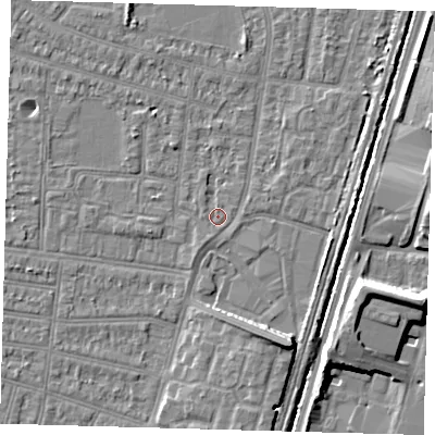 Shaded relief map of the ground around N90EL, computed from Environment Agency LiDAR. The ground here sits at about 12 m above sea level and falls 8 m across the surrounding 800 m. Surface water reaching this point runs off ground lying to the south-south-east, 7.0 m higher.