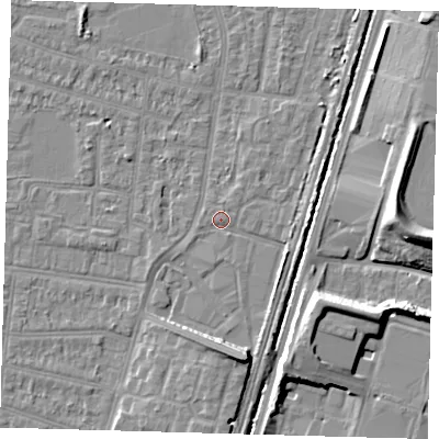 Shaded relief map of the ground around N90EN, computed from Environment Agency LiDAR. The ground here sits at about 12 m above sea level and falls 10 m across the surrounding 800 m. Surface water reaching this point runs off ground lying to the south, 6.5 m higher.