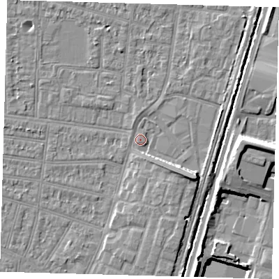 Shaded relief map of the ground around N90ER, computed from Environment Agency LiDAR. The ground here sits at about 12 m above sea level and falls 13 m across the surrounding 800 m. Surface water reaching this point runs off ground lying to the south-south-east, 2.0 m higher.
