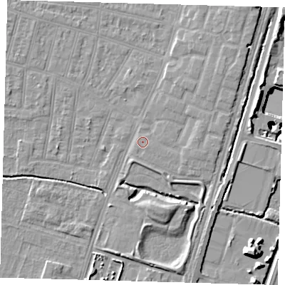 Shaded relief map of the ground around N90ET, computed from Environment Agency LiDAR. The ground here sits at about 12 m above sea level and falls 25 m across the surrounding 800 m. The ground contributing surface water to this point lies to the south-east.