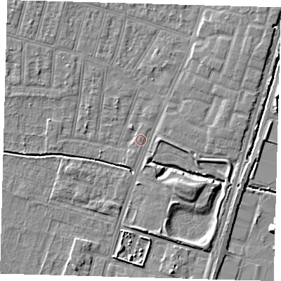 Shaded relief map of the ground around N90EU, computed from Environment Agency LiDAR. The ground here sits at about 12 m above sea level and falls 8 m across the surrounding 800 m. Surface water reaching this point runs off ground lying to the south-east, 5.9 m higher.
