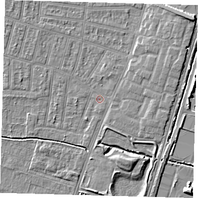 Shaded relief map of the ground around N90EX, computed from Environment Agency LiDAR. The ground here sits at about 12 m above sea level and falls 9 m across the surrounding 800 m. Surface water reaching this point runs off ground lying to the north-east, 6.8 m higher.