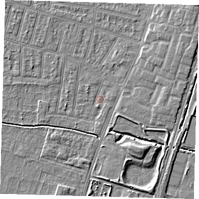 Shaded relief map of the ground around N90EY, computed from Environment Agency LiDAR. The ground here sits at about 12 m above sea level and falls 7 m across the surrounding 800 m. Surface water reaching this point runs off ground lying to the north-west, 2.5 m higher.