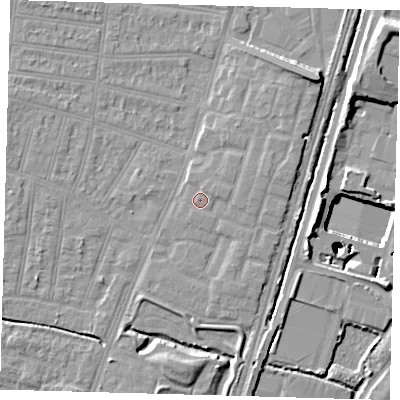 Shaded relief map of the ground around N90FG, computed from Environment Agency LiDAR. The ground here sits at about 13 m above sea level and falls 25 m across the surrounding 800 m. Surface water reaching this point runs off ground lying to the east-north-east, 1.6 m higher.