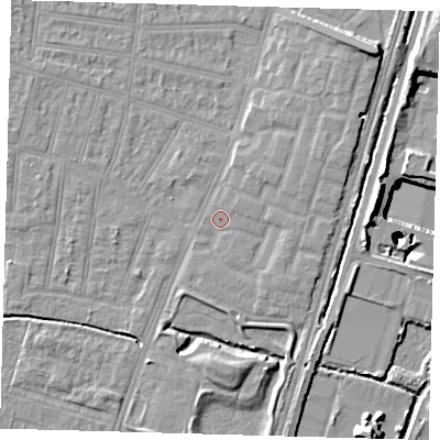 Shaded relief map of the ground around N90FN, computed from Environment Agency LiDAR. The ground here sits at about 12 m above sea level and falls 25 m across the surrounding 800 m. Surface water reaching this point runs off ground lying to the east-north-east, 2.5 m higher.