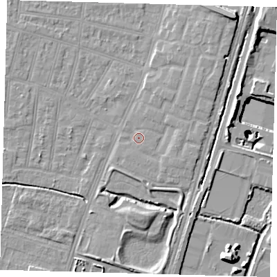 Shaded relief map of the ground around N90FP, computed from Environment Agency LiDAR. The ground here sits at about 12 m above sea level and falls 25 m across the surrounding 800 m. Surface water reaching this point runs off ground lying to the north-east, 2.5 m higher.