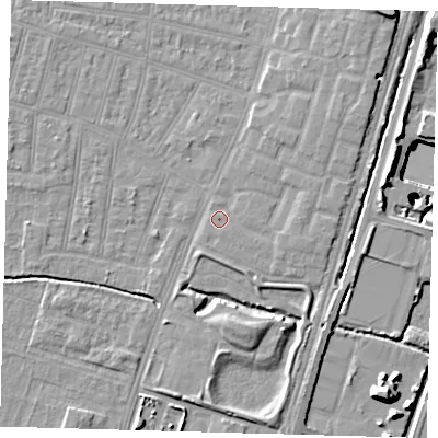 Shaded relief map of the ground around N90FQ, computed from Environment Agency LiDAR. The ground here sits at about 12 m above sea level and falls 25 m across the surrounding 800 m. Surface water reaching this point runs off ground lying to the east-south-east, 1.2 m higher.