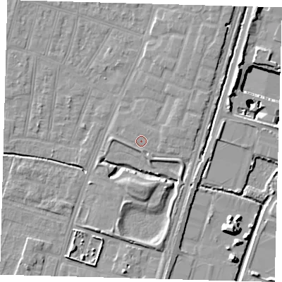 Shaded relief map of the ground around N90FT, computed from Environment Agency LiDAR. The ground here sits at about 12 m above sea level and falls 25 m across the surrounding 800 m. Surface water reaching this point runs off ground lying to the east-north-east, 2.3 m higher.