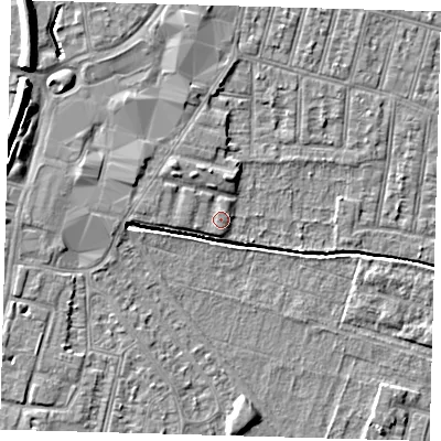 Shaded relief map of the ground around N90GQ, computed from Environment Agency LiDAR. The ground here sits at about 13 m above sea level and falls 10 m across the surrounding 800 m. Surface water reaching this point runs off ground lying to the west-north-west, 0.9 m higher.