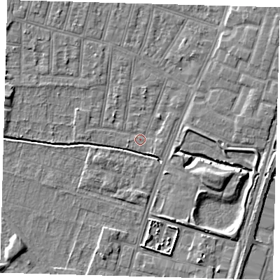 Shaded relief map of the ground around N90HA, computed from Environment Agency LiDAR. The ground here sits at about 11 m above sea level and falls 6 m across the surrounding 800 m. Surface water reaching this point runs off ground lying to the west, 1.1 m higher.