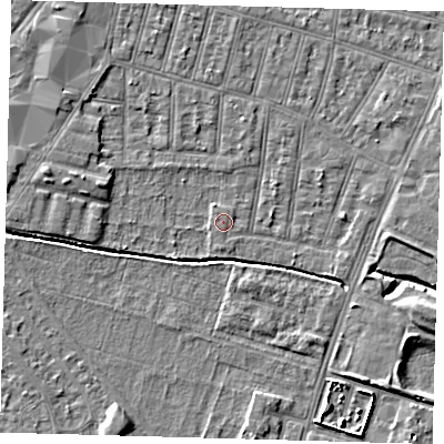 Shaded relief map of the ground around N90HB, computed from Environment Agency LiDAR. The ground here sits at about 12 m above sea level and falls 6 m across the surrounding 800 m. Surface water reaching this point runs off ground lying to the west-north-west, 3.3 m higher.