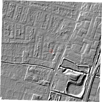 Shaded relief map of the ground around N90HD, computed from Environment Agency LiDAR. The ground here sits at about 12 m above sea level and falls 6 m across the surrounding 800 m. Surface water reaching this point runs off ground lying to the west, 1.7 m higher.