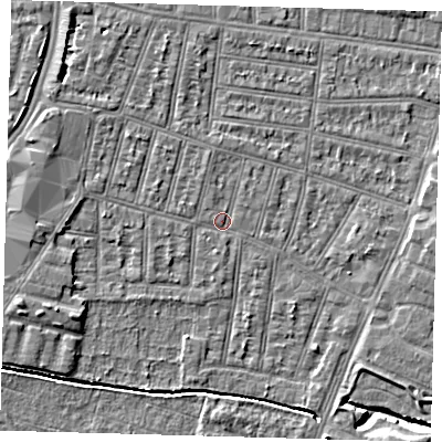 Shaded relief map of the ground around N90HH, computed from Environment Agency LiDAR. The ground here sits at about 12 m above sea level and falls 6 m across the surrounding 800 m. Surface water reaching this point runs off ground lying to the west-south-west, 3.0 m higher.