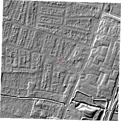 Shaded relief map of the ground around N90HJ, computed from Environment Agency LiDAR. The ground here sits at about 12 m above sea level and falls 6 m across the surrounding 800 m. Surface water reaching this point runs off ground lying to the north-west, 2.1 m higher.