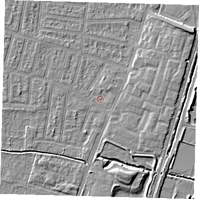 Shaded relief map of the ground around N90HL, computed from Environment Agency LiDAR. The ground here sits at about 12 m above sea level and falls 9 m across the surrounding 800 m. Surface water reaching this point runs off ground lying to the north-east, 1.4 m higher.