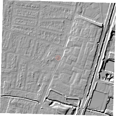 Shaded relief map of the ground around N90HP, computed from Environment Agency LiDAR. The ground here sits at about 12 m above sea level and falls 25 m across the surrounding 800 m. Surface water reaching this point runs off ground lying to the east, 2.2 m higher.
