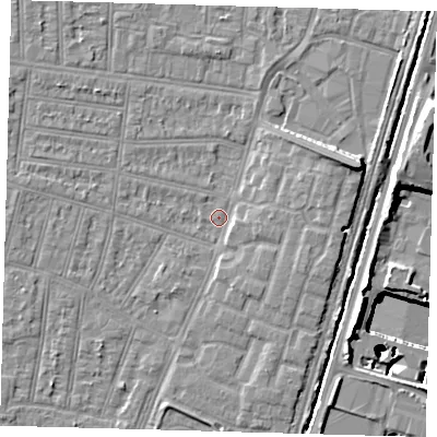 Shaded relief map of the ground around N90HR, computed from Environment Agency LiDAR. The ground here sits at about 12 m above sea level and falls 25 m across the surrounding 800 m. Surface water reaching this point runs off ground lying to the east-north-east, 6.5 m higher.