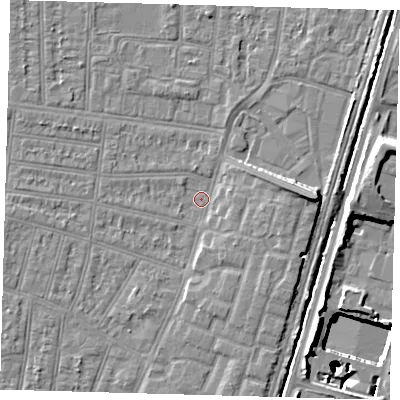 Shaded relief map of the ground around N90HS, computed from Environment Agency LiDAR. The ground here sits at about 12 m above sea level and falls 25 m across the surrounding 800 m. Surface water reaching this point runs off ground lying to the east, 6.5 m higher.