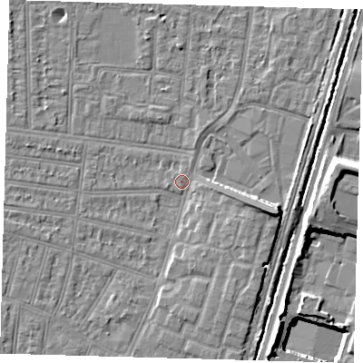 Shaded relief map of the ground around N90HT, computed from Environment Agency LiDAR. The ground here sits at about 12 m above sea level and falls 13 m across the surrounding 800 m. Surface water reaching this point runs off ground lying to the east-south-east, 6.1 m higher.
