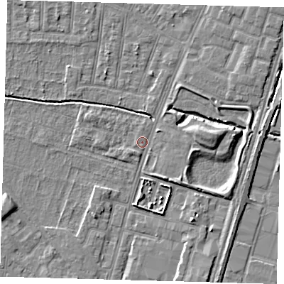 Shaded relief map of the ground around N90HU, computed from Environment Agency LiDAR. The ground here sits at about 12 m above sea level and falls 6 m across the surrounding 800 m. Surface water reaching this point runs off ground lying to the east, 3.8 m higher.