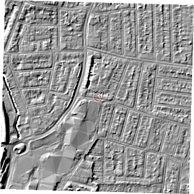 Shaded relief map of the ground around N90JA, computed from Environment Agency LiDAR. The ground here sits at about 14 m above sea level and falls 9 m across the surrounding 800 m. Surface water reaching this point runs off ground lying to the west-north-west, 1.3 m higher.