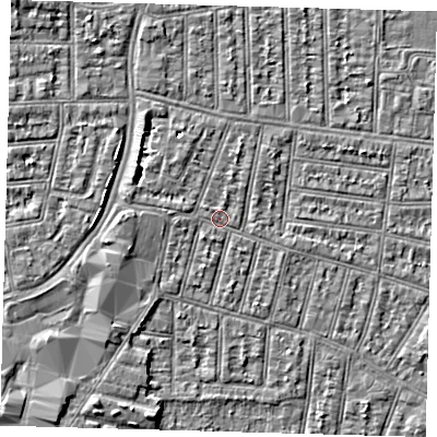 Shaded relief map of the ground around N90JB, computed from Environment Agency LiDAR. The ground here sits at about 13 m above sea level and falls 5 m across the surrounding 800 m. Surface water reaching this point runs off ground lying to the west-north-west, 1.6 m higher.