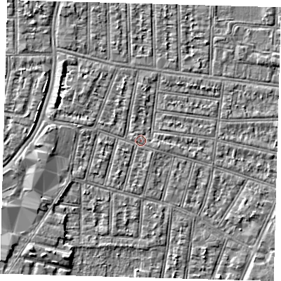 Shaded relief map of the ground around N90JD, computed from Environment Agency LiDAR. The ground here sits at about 13 m above sea level and falls 4 m across the surrounding 800 m. Surface water reaching this point runs off ground lying to the west-north-west, 1.9 m higher.