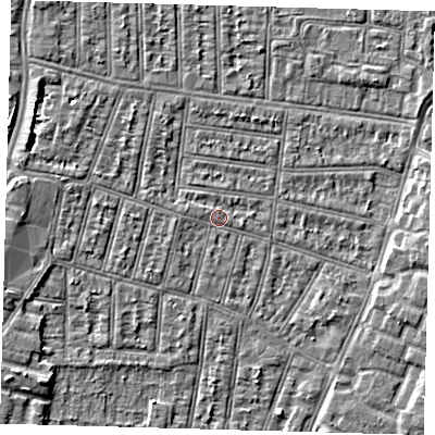 Shaded relief map of the ground around N90JE, computed from Environment Agency LiDAR. The ground here sits at about 12 m above sea level and falls 4 m across the surrounding 800 m. Surface water reaching this point runs off ground lying to the west-north-west, 0.8 m higher.