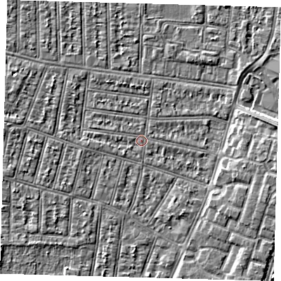 Shaded relief map of the ground around N90JG, computed from Environment Agency LiDAR. The ground here sits at about 12 m above sea level and falls 5 m across the surrounding 800 m. Surface water reaching this point runs off ground lying to the west, 1.0 m higher.