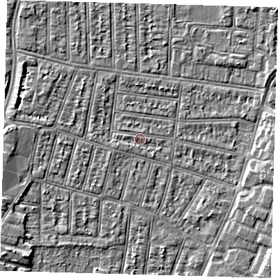 Shaded relief map of the ground around N90JH, computed from Environment Agency LiDAR. The ground here sits at about 12 m above sea level and falls 4 m across the surrounding 800 m. Surface water reaching this point runs off ground lying to the west-south-west, 0.9 m higher.