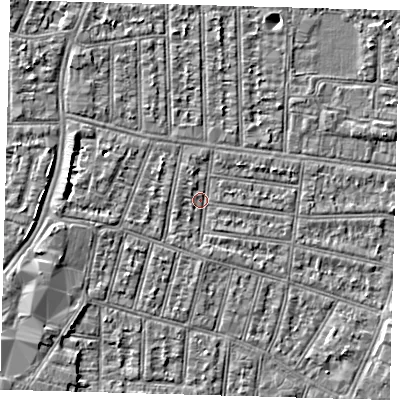 Shaded relief map of the ground around N90JJ, computed from Environment Agency LiDAR. The ground here sits at about 12 m above sea level and falls 4 m across the surrounding 800 m. Surface water reaching this point runs off ground lying to the north-north-west, 1.2 m higher.