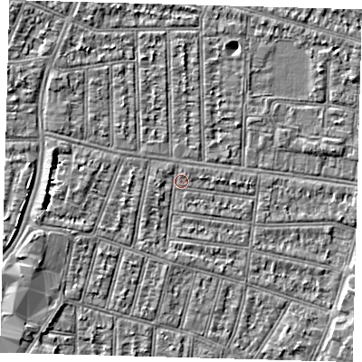Shaded relief map of the ground around N90JL, computed from Environment Agency LiDAR. The ground here sits at about 12 m above sea level and falls 4 m across the surrounding 800 m. Surface water reaching this point runs off ground lying to the west, 0.9 m higher.
