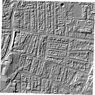 Shaded relief map of the ground around N90JN, computed from Environment Agency LiDAR. The ground here sits at about 12 m above sea level and falls 4 m across the surrounding 800 m. Surface water reaching this point runs off ground lying to the north-west, 1.2 m higher.