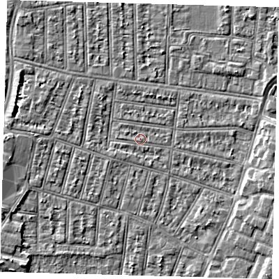 Shaded relief map of the ground around N90JP, computed from Environment Agency LiDAR. The ground here sits at about 12 m above sea level and falls 4 m across the surrounding 800 m. Surface water reaching this point runs off ground lying to the north-west, 1.2 m higher.